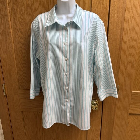 Women's Foxcroft Non-Iron Blue & White Striped Blouse Top - Size 20W - Picture 1 of 4